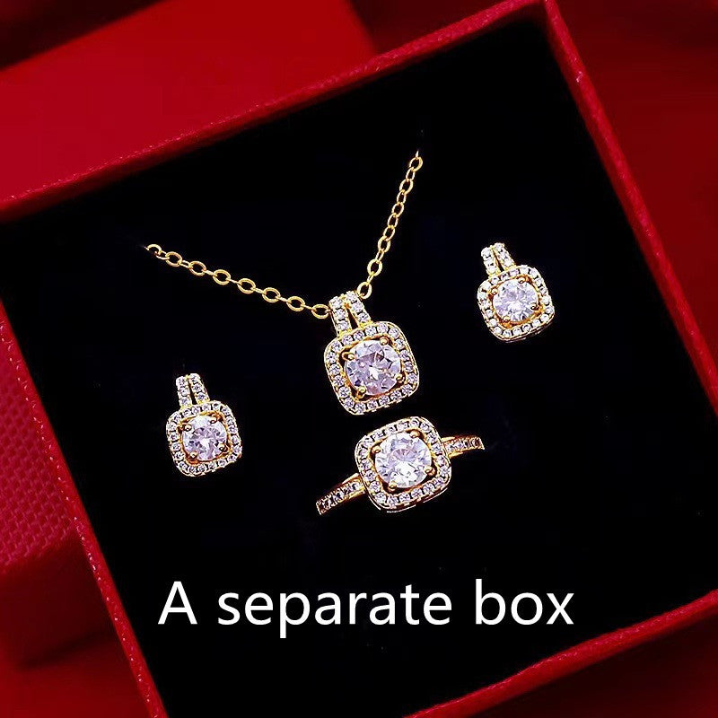 Set Zircon Gem Pendant Chain Choker Necklace For Women Gold Color Stud Earring Statement Wedding Ring