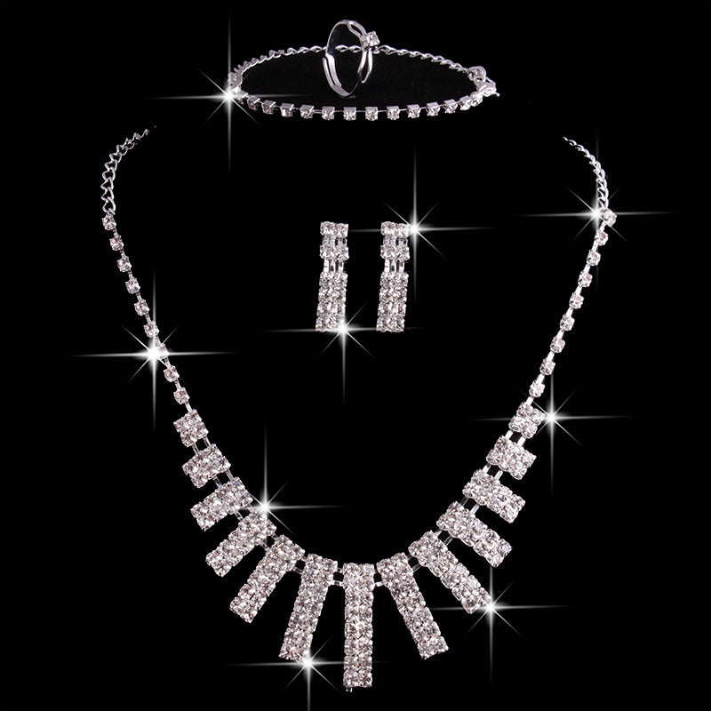 Rhinestones Necklace Set With Earrings Ring And Bracelet Fashion