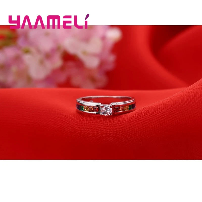 Echt 100% 925 Sterling Silber Farbe Regenbogen Cubic Zirkon Ringe Für Frauen Hochzeit Schöne Engagement Vorschlag Ring Zubehör