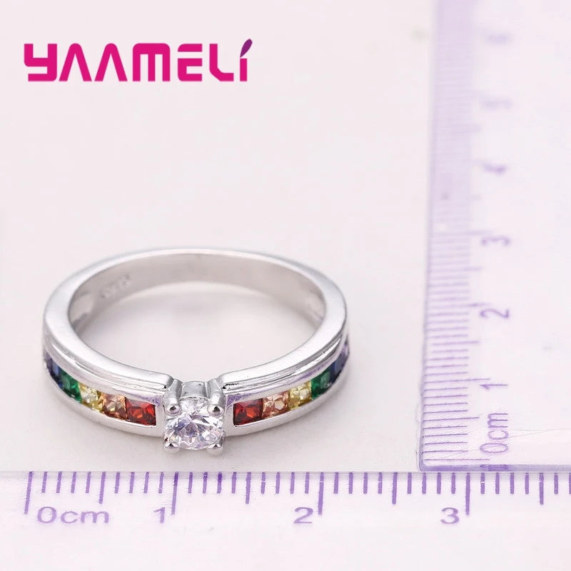 Echt 100% 925 Sterling Silber Farbe Regenbogen Cubic Zirkon Ringe Für Frauen Hochzeit Schöne Engagement Vorschlag Ring Zubehör
