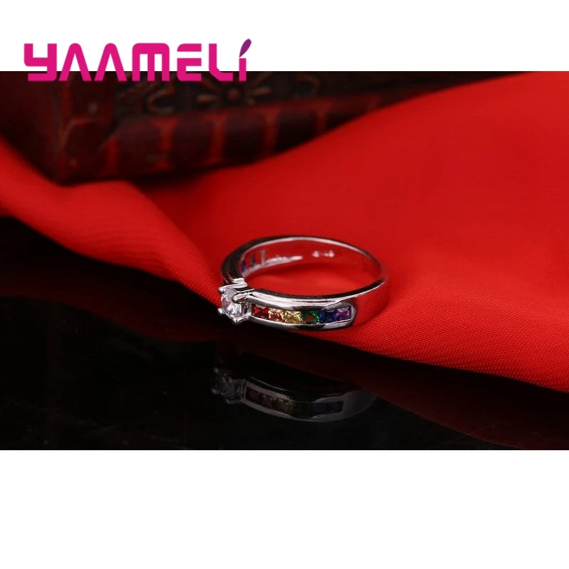 Echt 100% 925 Sterling Silber Farbe Regenbogen Cubic Zirkon Ringe Für Frauen Hochzeit Schöne Engagement Vorschlag Ring Zubehör