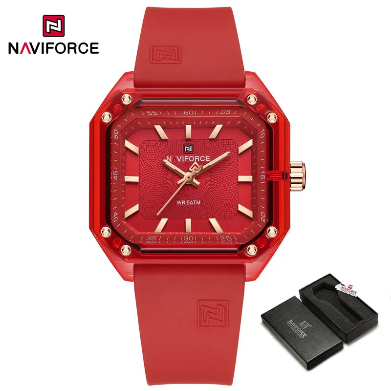 ساعة NAVIFORCE النسائية الجديدة ذات الطراز الجديد بسوار من السيليكا كوارتز مقاومة للماء حتى عمق 50 متر، ساعة يد نسائية بسيطة غير رسمية