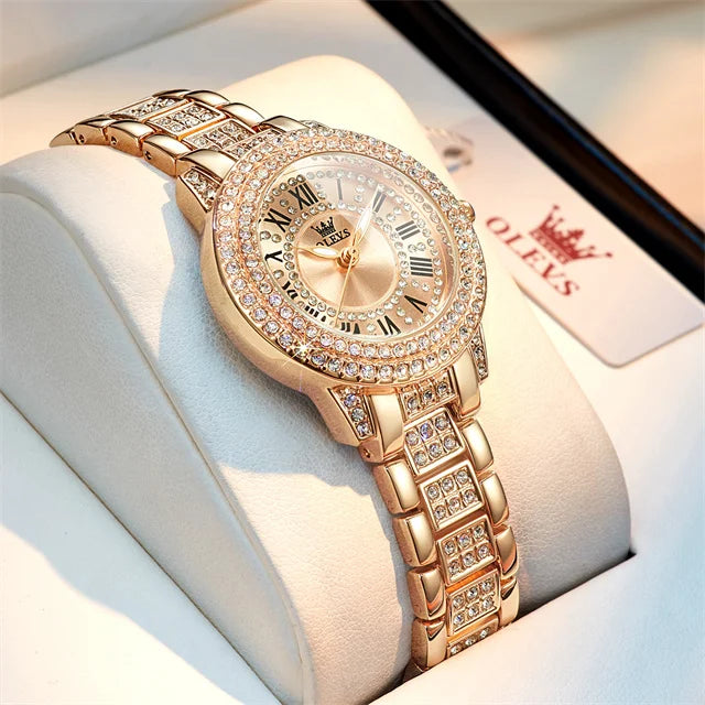 OLEVS Original Diamantuhr für Damen, modisch, elegant, Edelstahl, wasserdicht, Quarz-Armbanduhr, luxuriöse Damenuhren