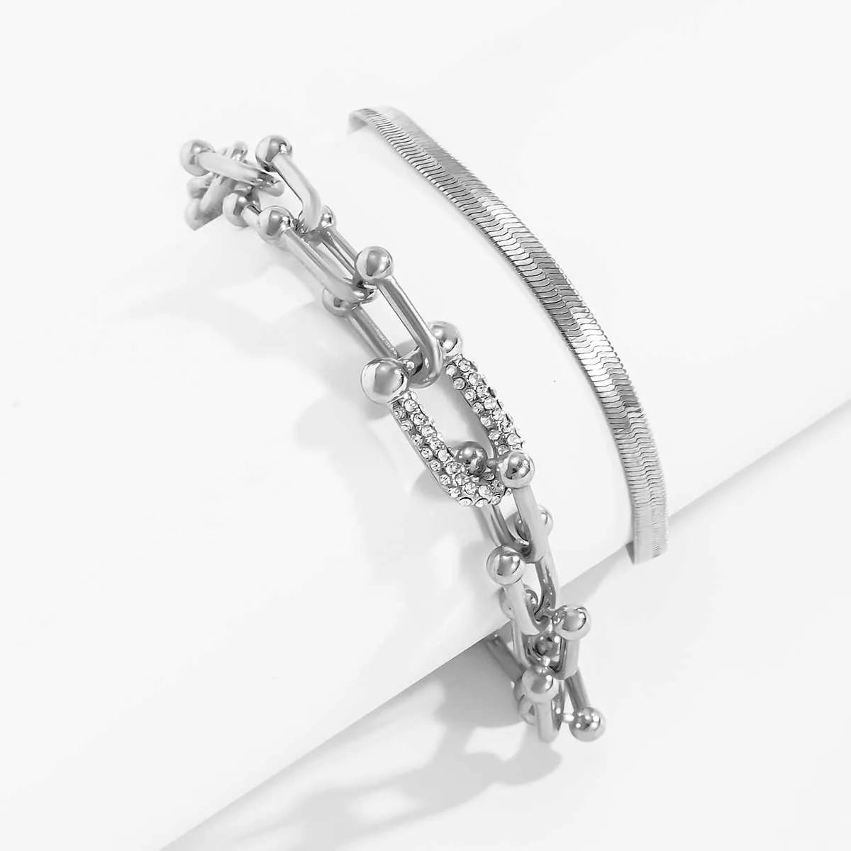 2Pcs/Set Fashion Statement Stylish Trendy Geometric Bracelet Gold U Chain Bracelet New Style Creative Bracelet