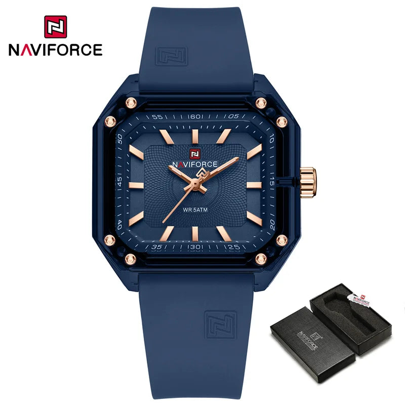 ساعة NAVIFORCE النسائية الجديدة ذات الطراز الجديد بسوار من السيليكا كوارتز مقاومة للماء حتى عمق 50 متر، ساعة يد نسائية بسيطة غير رسمية