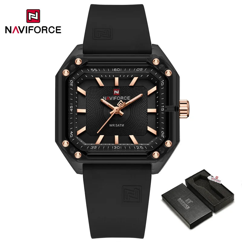 ساعة NAVIFORCE النسائية الجديدة ذات الطراز الجديد بسوار من السيليكا كوارتز مقاومة للماء حتى عمق 50 متر، ساعة يد نسائية بسيطة غير رسمية
