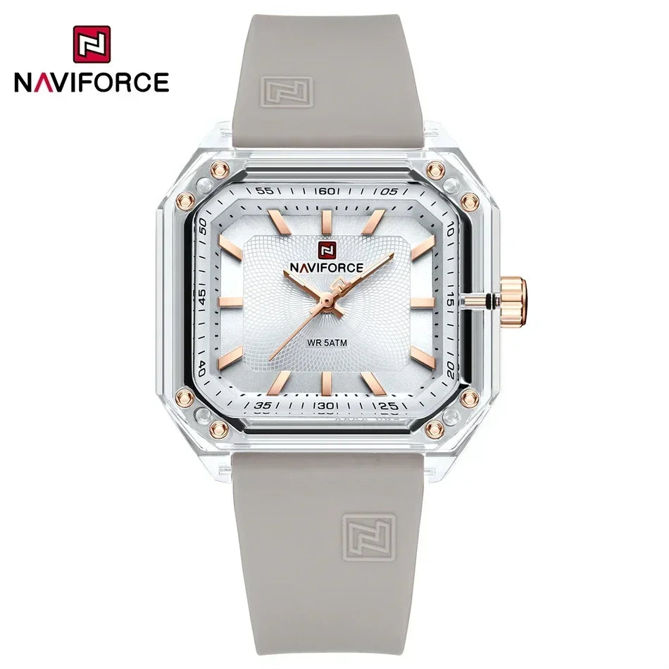 ساعة NAVIFORCE النسائية الجديدة ذات الطراز الجديد بسوار من السيليكا كوارتز مقاومة للماء حتى عمق 50 متر، ساعة يد نسائية بسيطة غير رسمية