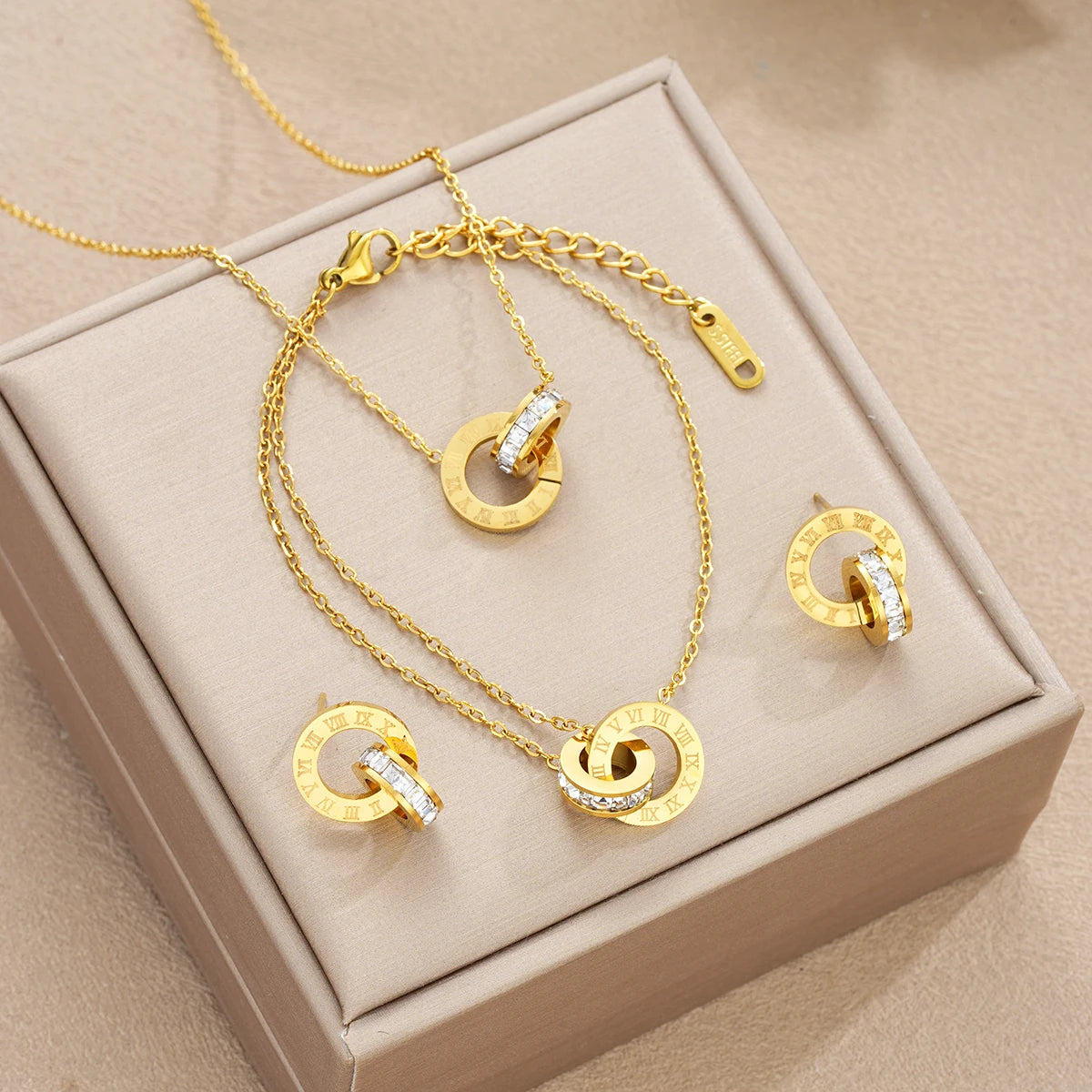 4Pcs/Set Gold Color Stainless Steel Crystal Necklace Bracelet Earrings