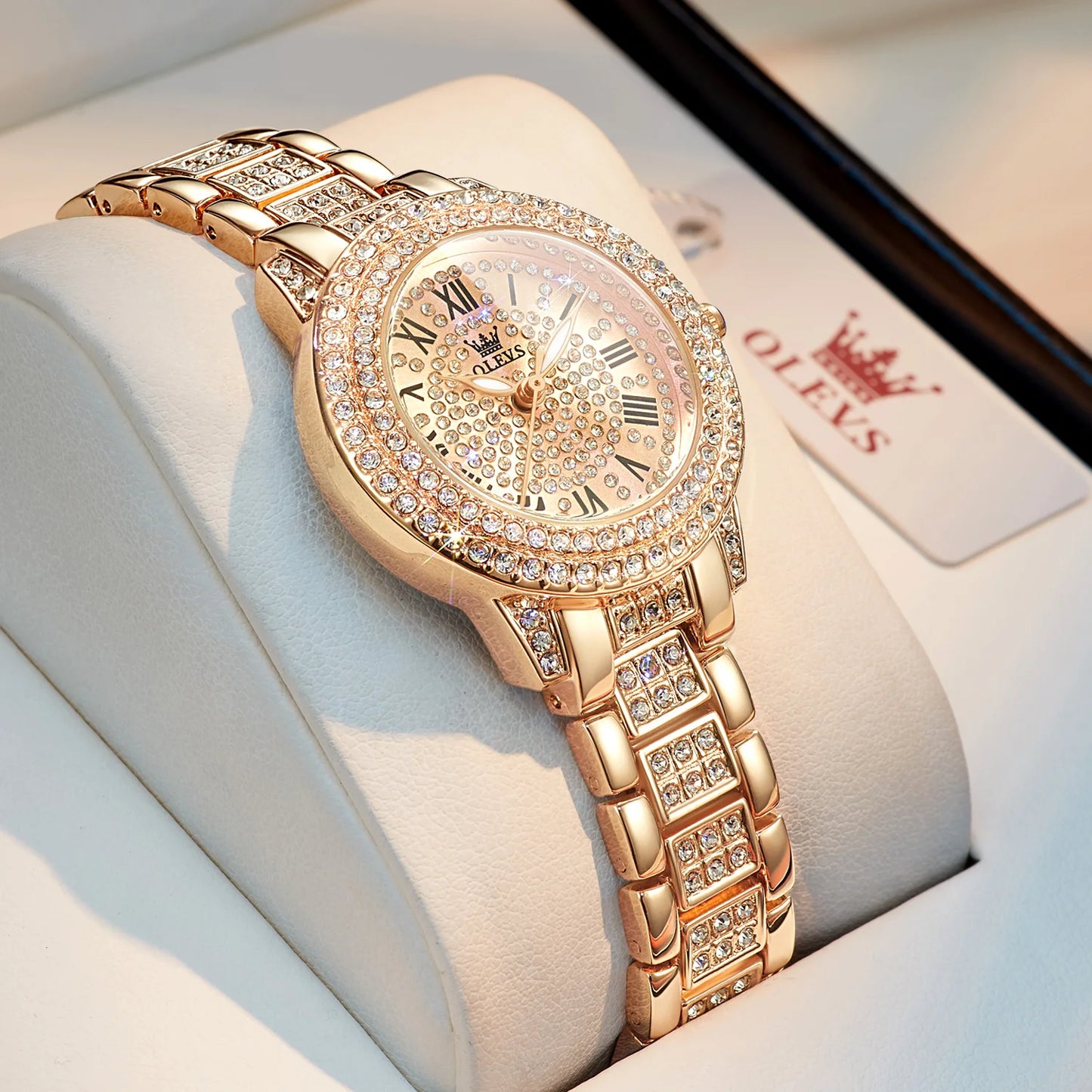 OLEVS Original Diamantuhr für Damen, modisch, elegant, Edelstahl, wasserdicht, Quarz-Armbanduhr, luxuriöse Damenuhren