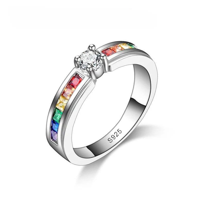 Echt 100% 925 Sterling Silber Farbe Regenbogen Cubic Zirkon Ringe Für Frauen Hochzeit Schöne Engagement Vorschlag Ring Zubehör