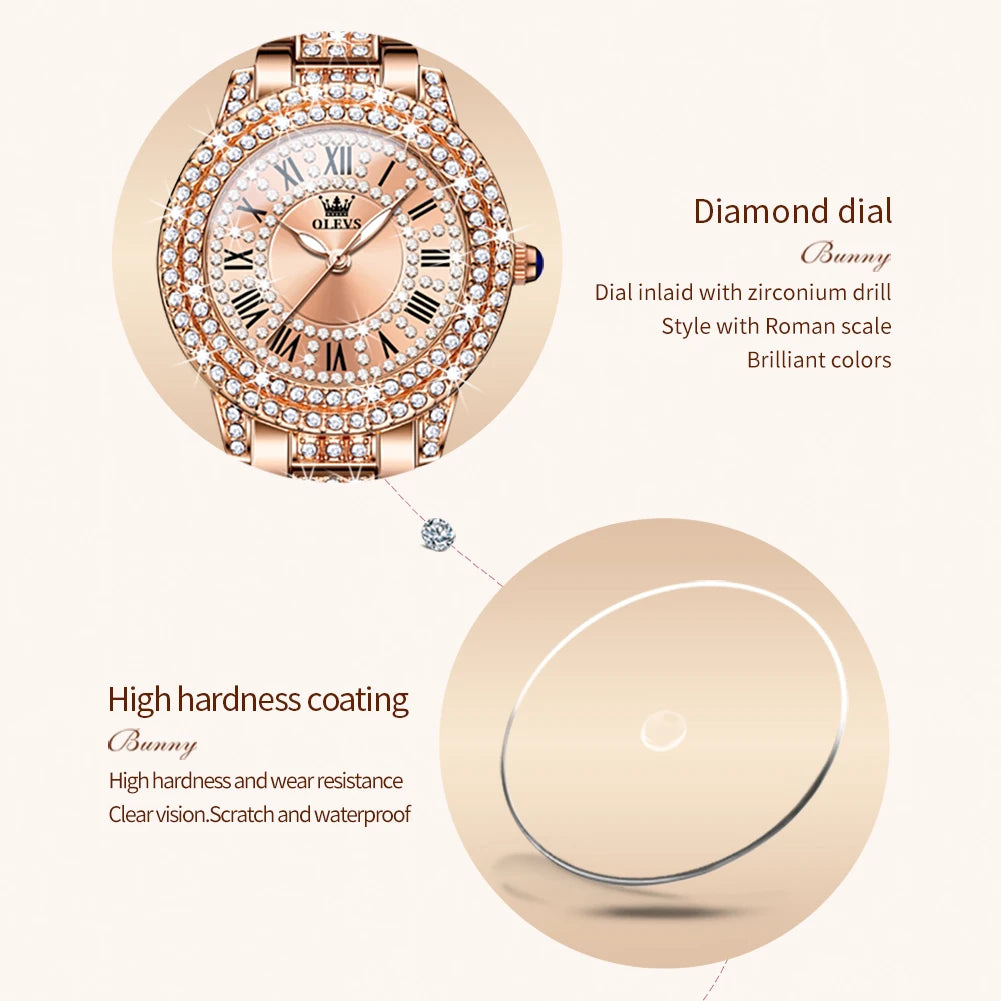 OLEVS Original Diamantuhr für Damen, modisch, elegant, Edelstahl, wasserdicht, Quarz-Armbanduhr, luxuriöse Damenuhren