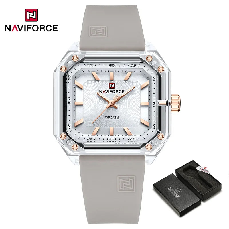 ساعة NAVIFORCE النسائية الجديدة ذات الطراز الجديد بسوار من السيليكا كوارتز مقاومة للماء حتى عمق 50 متر، ساعة يد نسائية بسيطة غير رسمية