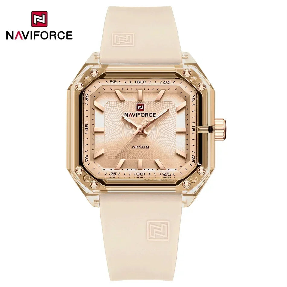 ساعة NAVIFORCE النسائية الجديدة ذات الطراز الجديد بسوار من السيليكا كوارتز مقاومة للماء حتى عمق 50 متر، ساعة يد نسائية بسيطة غير رسمية