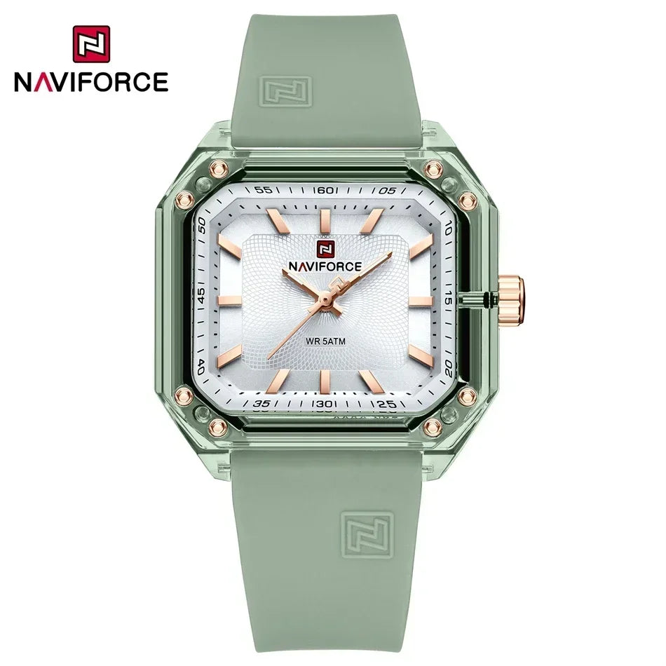 ساعة NAVIFORCE النسائية الجديدة ذات الطراز الجديد بسوار من السيليكا كوارتز مقاومة للماء حتى عمق 50 متر، ساعة يد نسائية بسيطة غير رسمية
