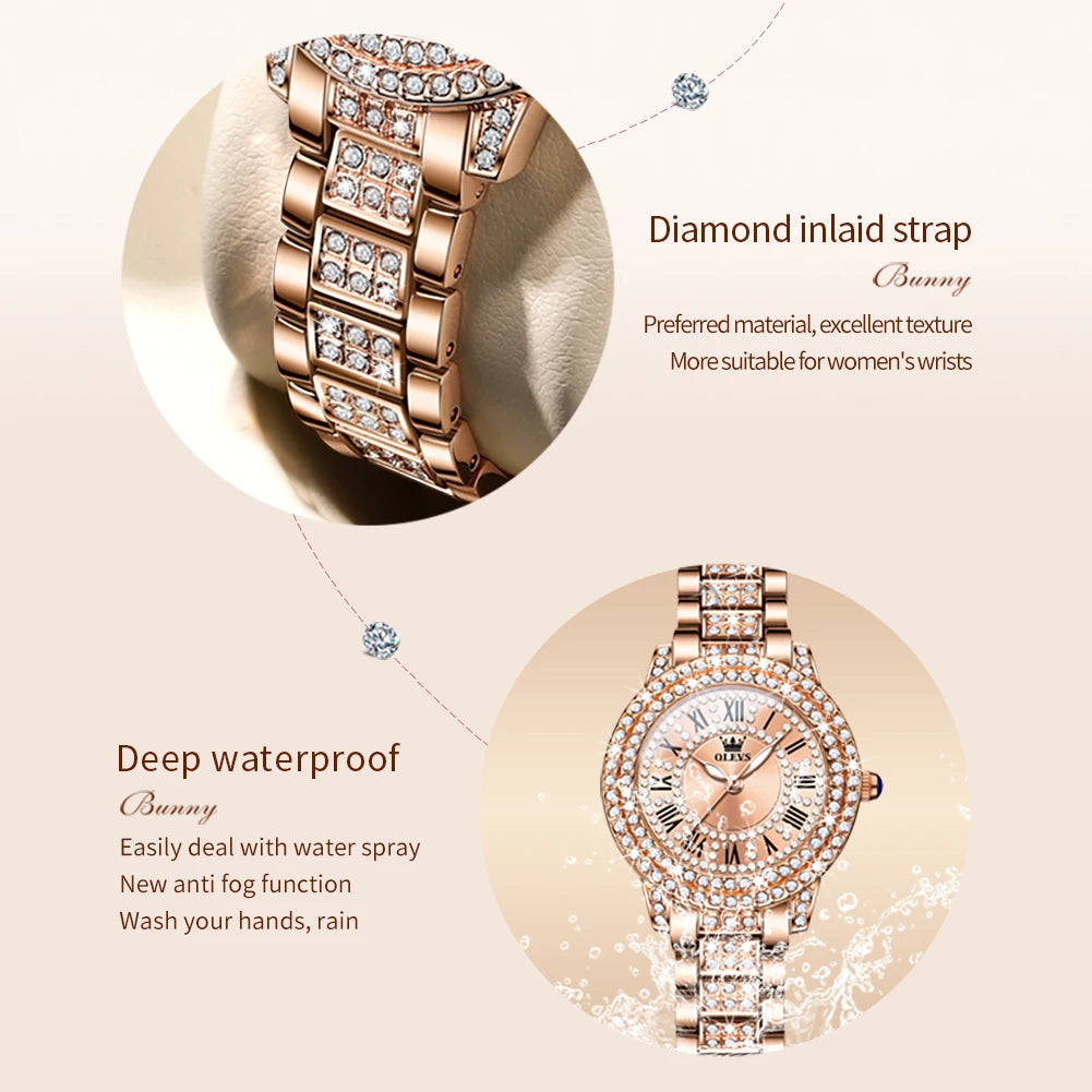 OLEVS Original Diamantuhr für Damen, modisch, elegant, Edelstahl, wasserdicht, Quarz-Armbanduhr, luxuriöse Damenuhren
