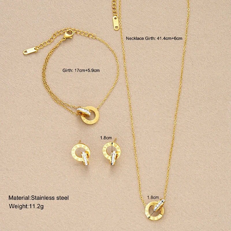 4Pcs/Set Gold Color Stainless Steel Crystal Necklace Bracelet Earrings