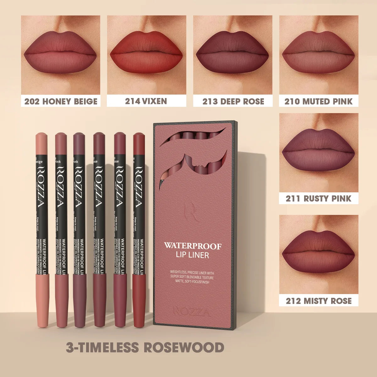 Rozza Wasserfester Lipliner-Stift-Set, Schwereloser, präziser Liner mit superweicher, mischbarer Textur, matt, weich