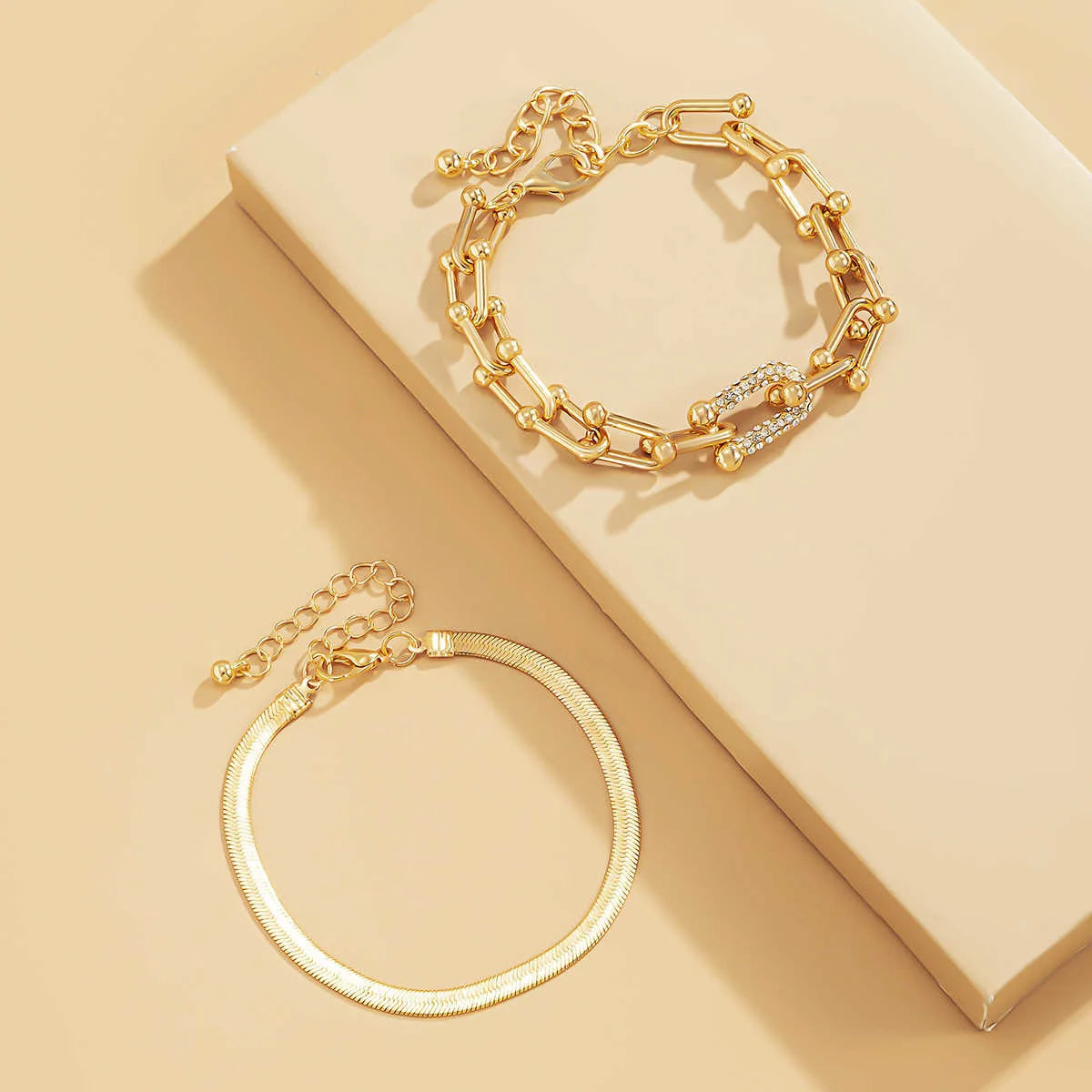 2Pcs/Set Fashion Statement Stylish Trendy Geometric Bracelet Gold U Chain Bracelet New Style Creative Bracelet