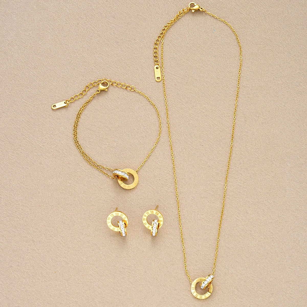 4Pcs/Set Gold Color Stainless Steel Crystal Necklace Bracelet Earrings