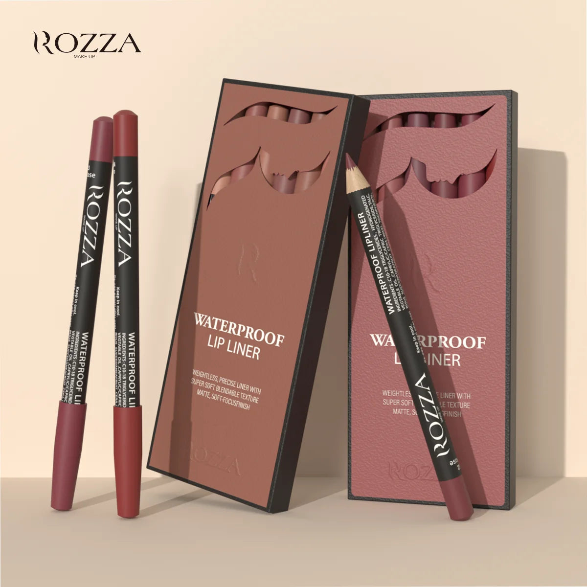 Rozza Wasserfester Lipliner-Stift-Set, Schwereloser, präziser Liner mit superweicher, mischbarer Textur, matt, weich