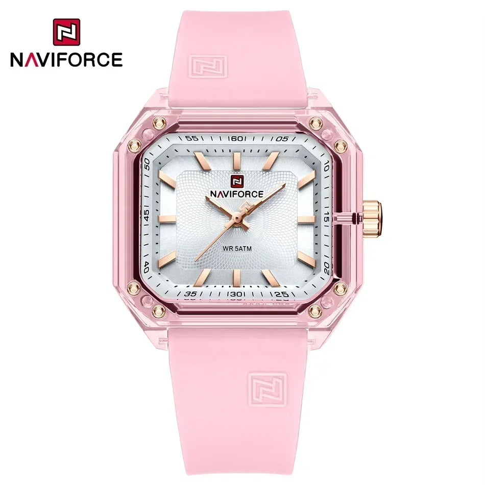 ساعة NAVIFORCE النسائية الجديدة ذات الطراز الجديد بسوار من السيليكا كوارتز مقاومة للماء حتى عمق 50 متر، ساعة يد نسائية بسيطة غير رسمية