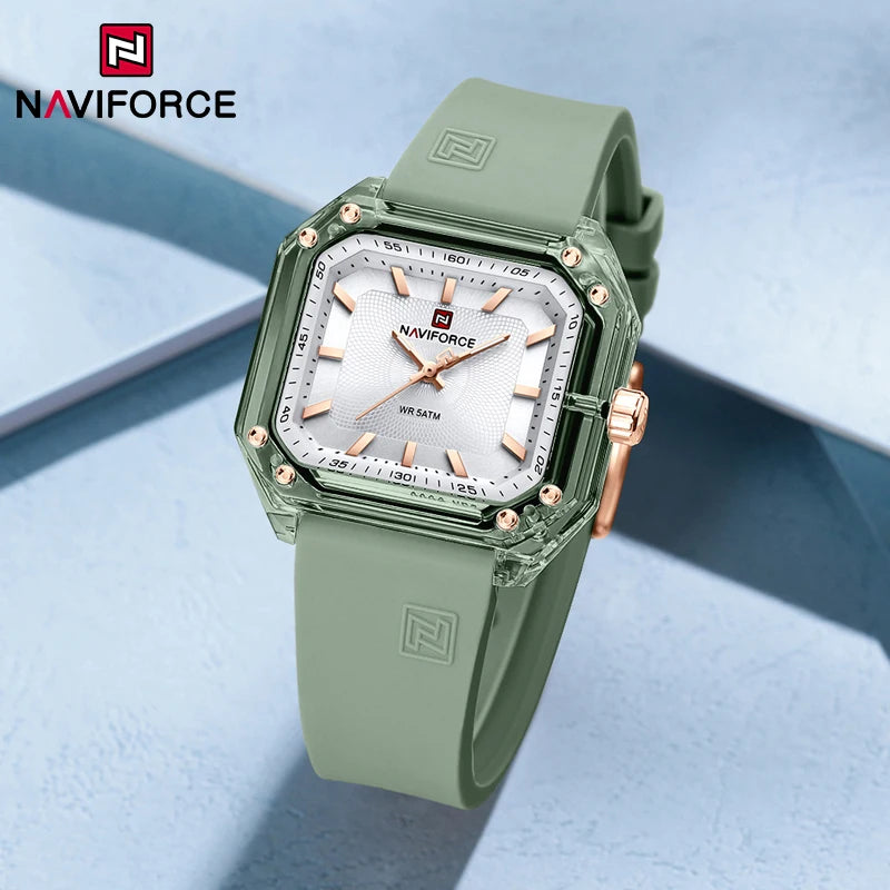 ساعة NAVIFORCE النسائية الجديدة ذات الطراز الجديد بسوار من السيليكا كوارتز مقاومة للماء حتى عمق 50 متر، ساعة يد نسائية بسيطة غير رسمية