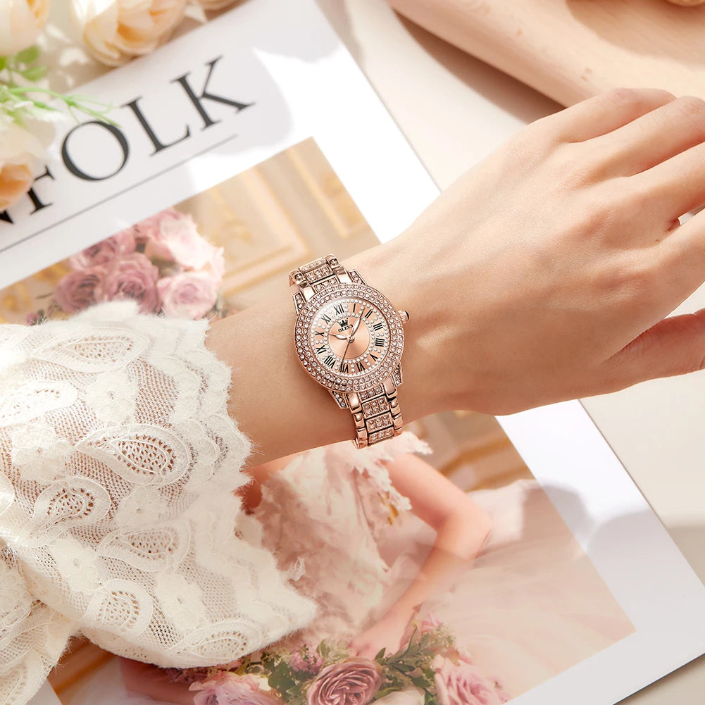 OLEVS Original Diamantuhr für Damen, modisch, elegant, Edelstahl, wasserdicht, Quarz-Armbanduhr, luxuriöse Damenuhren