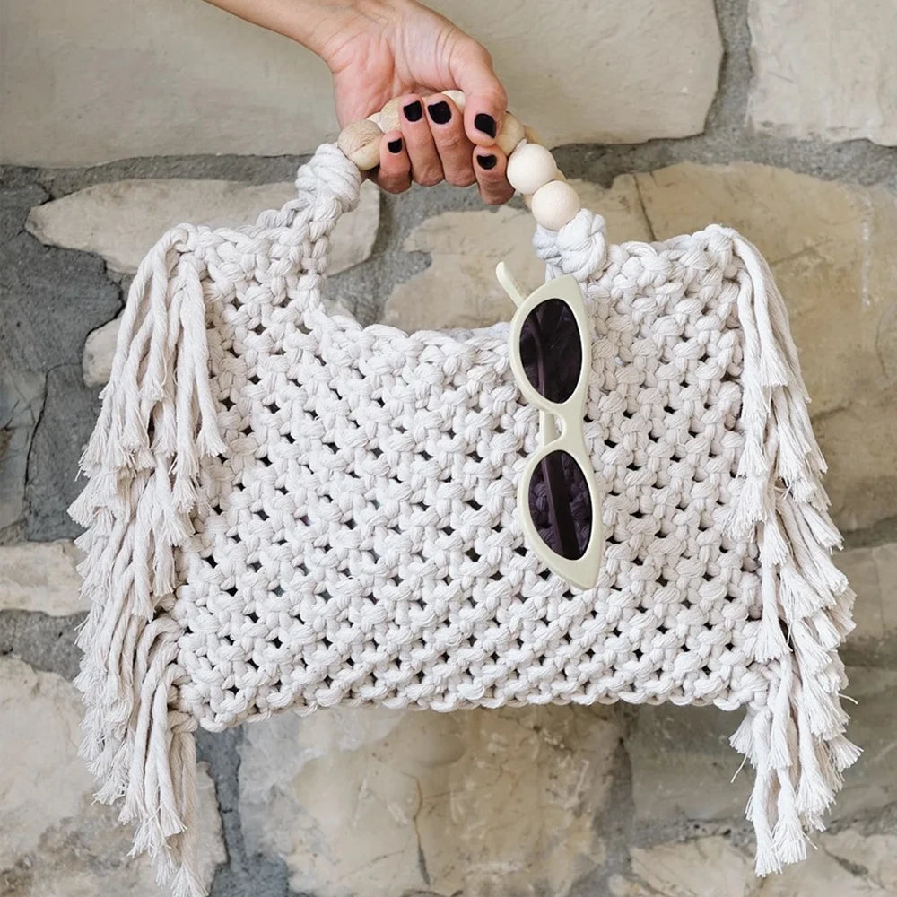 Tote Bags Large Capacity Luxury Designer Handbag For Women 2023 New Knitting Tassel Beading Decorate Purse Ladies Beach Bag