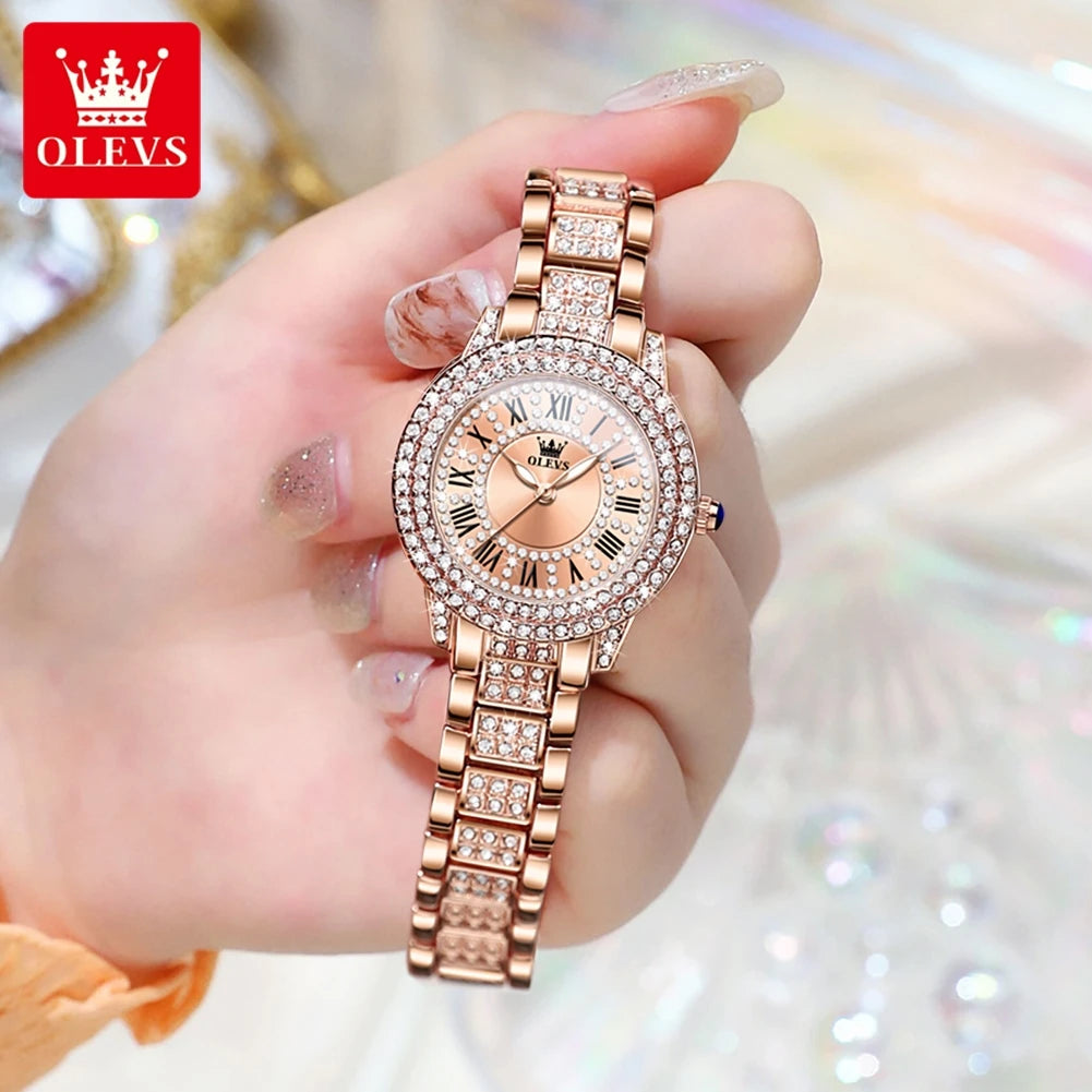 OLEVS Original Diamantuhr für Damen, modisch, elegant, Edelstahl, wasserdicht, Quarz-Armbanduhr, luxuriöse Damenuhren