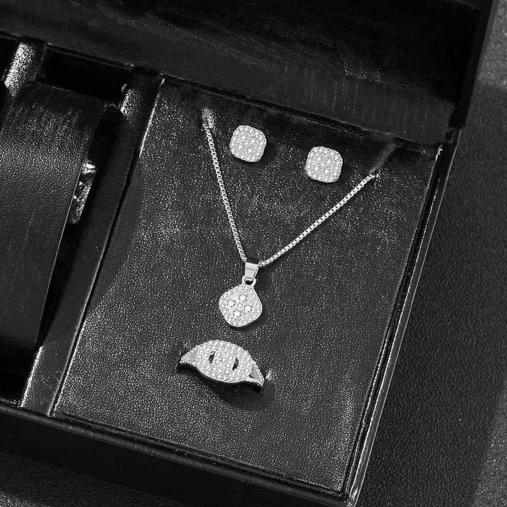 1PC Luxury Cube Jewelry Set, Women's Elegant Necklace, Earrings & Ring Set, Perfect Gift for Valentine's Day, Christmas Gift, Bi
