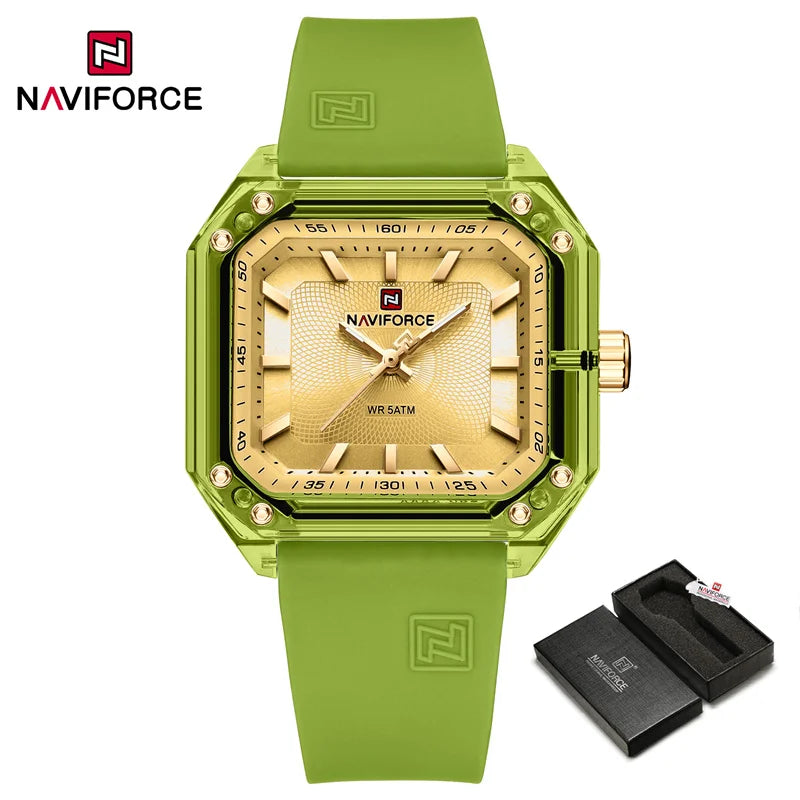 ساعة NAVIFORCE النسائية الجديدة ذات الطراز الجديد بسوار من السيليكا كوارتز مقاومة للماء حتى عمق 50 متر، ساعة يد نسائية بسيطة غير رسمية