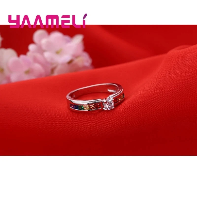 Echt 100% 925 Sterling Silber Farbe Regenbogen Cubic Zirkon Ringe Für Frauen Hochzeit Schöne Engagement Vorschlag Ring Zubehör