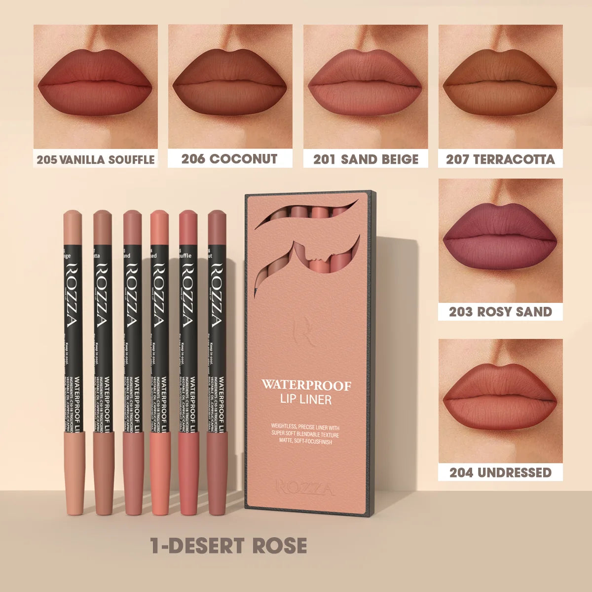 Rozza Wasserfester Lipliner-Stift-Set, Schwereloser, präziser Liner mit superweicher, mischbarer Textur, matt, weich