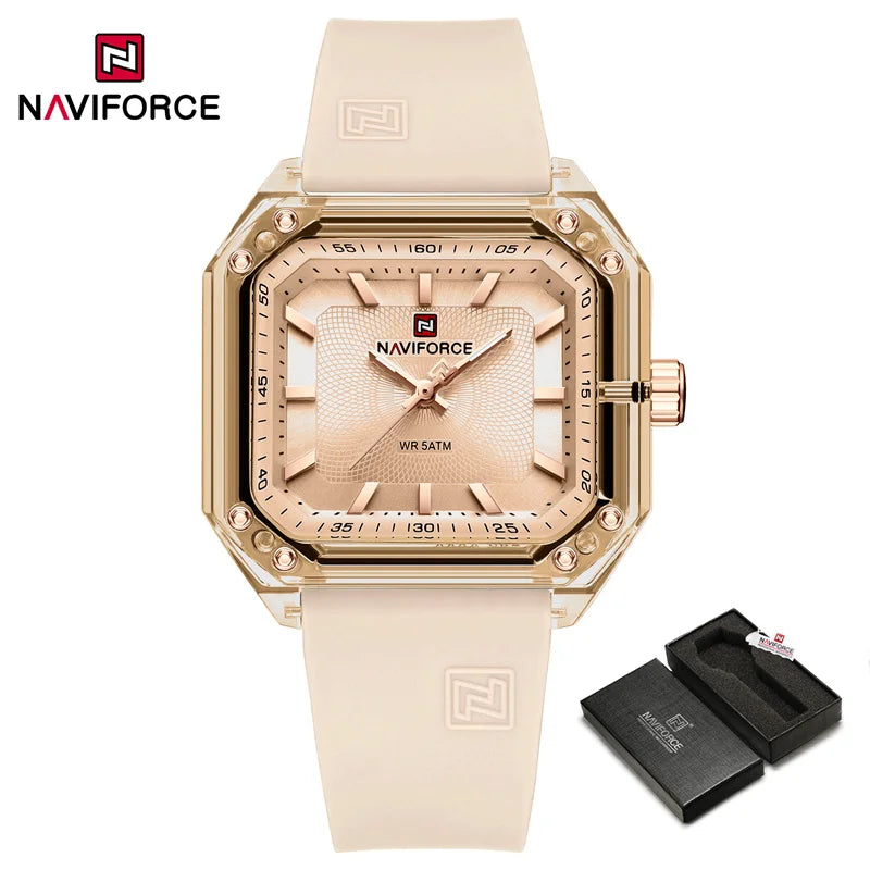 ساعة NAVIFORCE النسائية الجديدة ذات الطراز الجديد بسوار من السيليكا كوارتز مقاومة للماء حتى عمق 50 متر، ساعة يد نسائية بسيطة غير رسمية