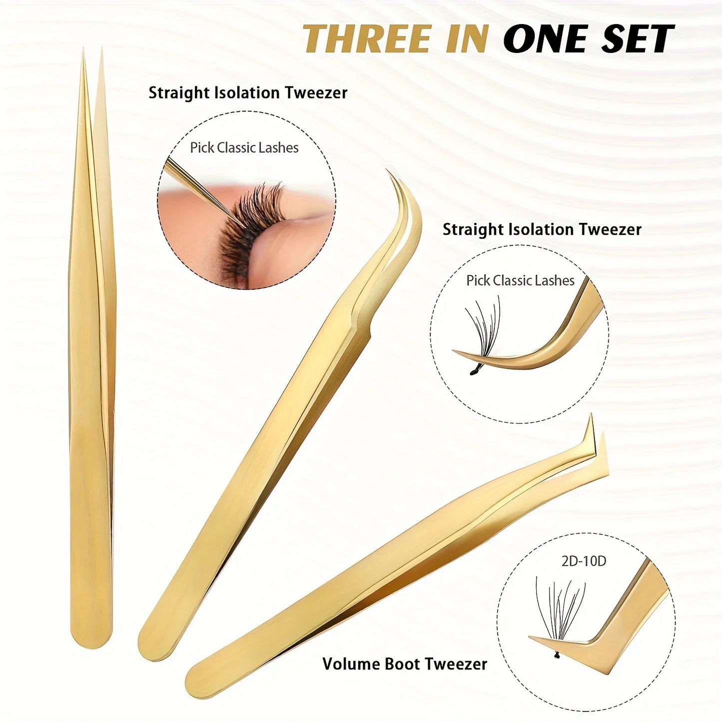 High Precision Lash Tweezers Set - Includes 3 Stainless Steel Eyelash Tweezers