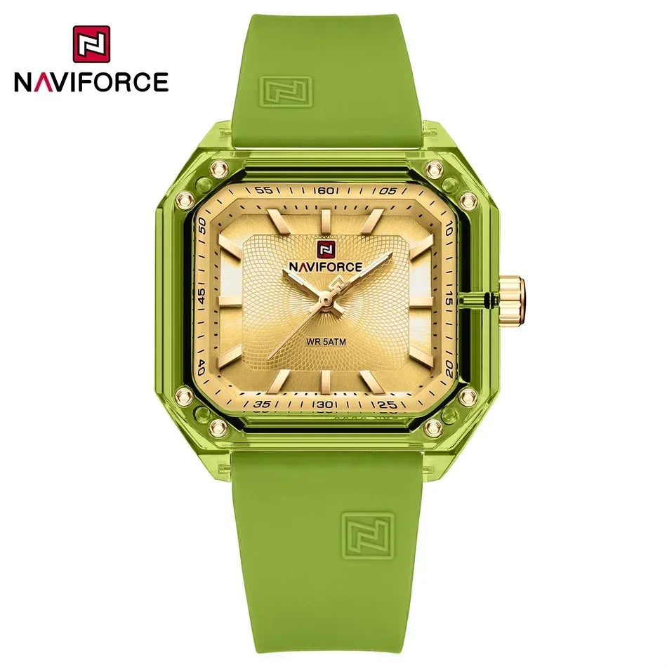 ساعة NAVIFORCE النسائية الجديدة ذات الطراز الجديد بسوار من السيليكا كوارتز مقاومة للماء حتى عمق 50 متر، ساعة يد نسائية بسيطة غير رسمية