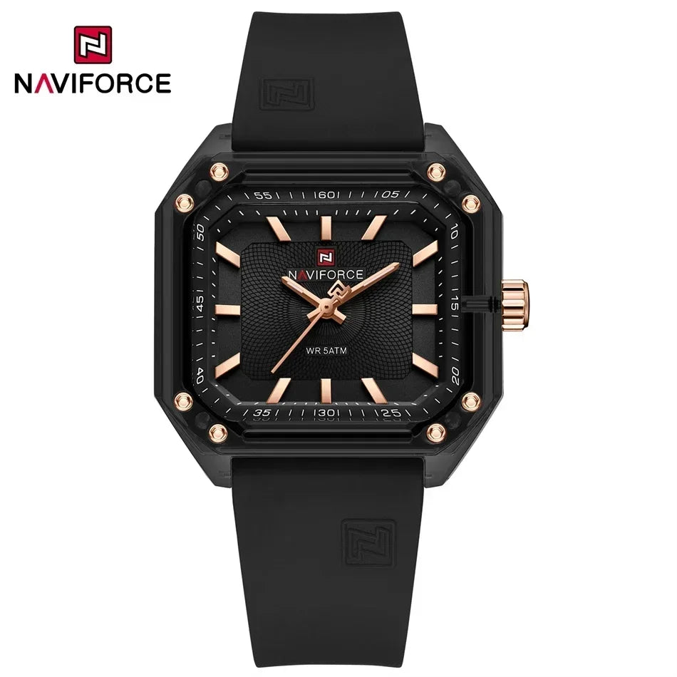 ساعة NAVIFORCE النسائية الجديدة ذات الطراز الجديد بسوار من السيليكا كوارتز مقاومة للماء حتى عمق 50 متر، ساعة يد نسائية بسيطة غير رسمية