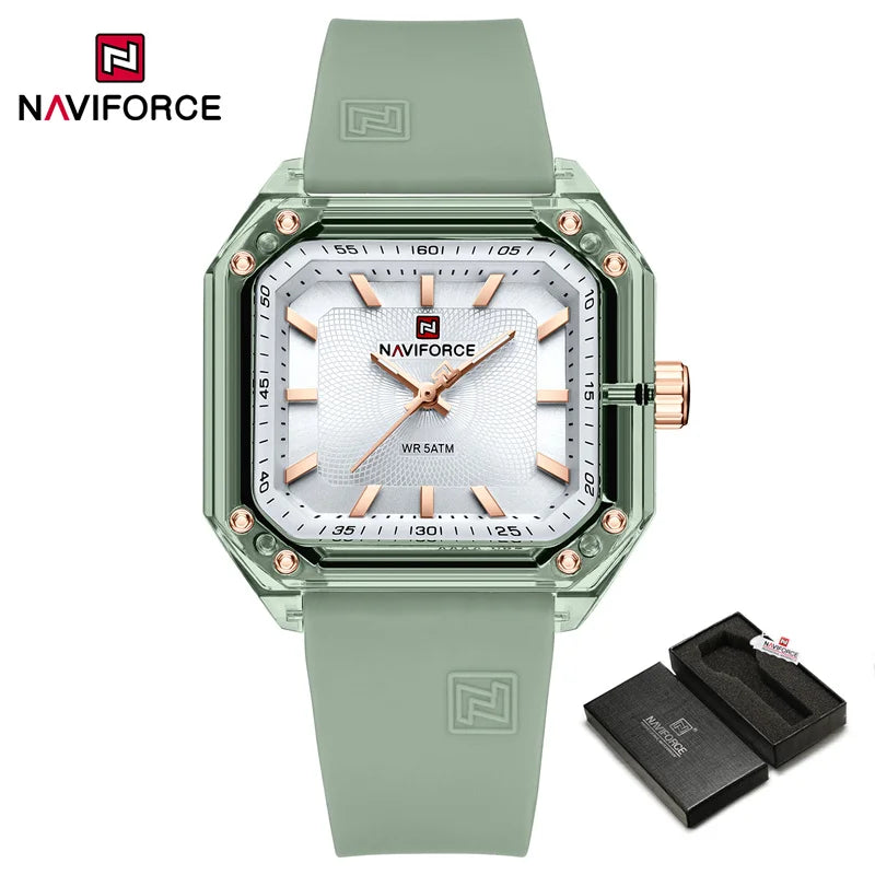 ساعة NAVIFORCE النسائية الجديدة ذات الطراز الجديد بسوار من السيليكا كوارتز مقاومة للماء حتى عمق 50 متر، ساعة يد نسائية بسيطة غير رسمية