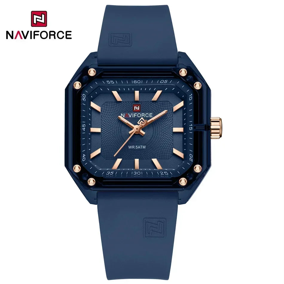 ساعة NAVIFORCE النسائية الجديدة ذات الطراز الجديد بسوار من السيليكا كوارتز مقاومة للماء حتى عمق 50 متر، ساعة يد نسائية بسيطة غير رسمية