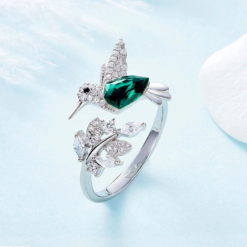 Elegante verstellbare Kolibri-Ringe aus natürlichem blauem Stein für Frauen, glasgefüllte Ringe