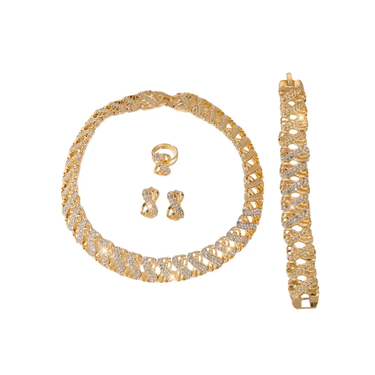Mode 18 Karat vergoldetes Schmuckset Dubai African Choker Halskette Ohrringe Ringe Hochzeit Brautschmuck Sets für Frauen