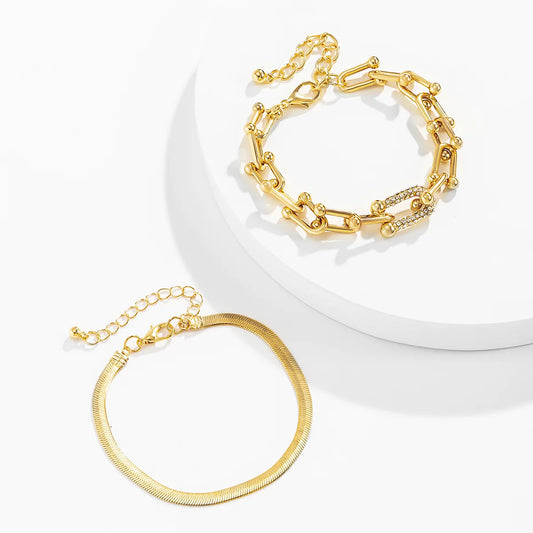 2Pcs/Set Fashion Statement Stylish Trendy Geometric Bracelet Gold U Chain Bracelet New Style Creative Bracelet
