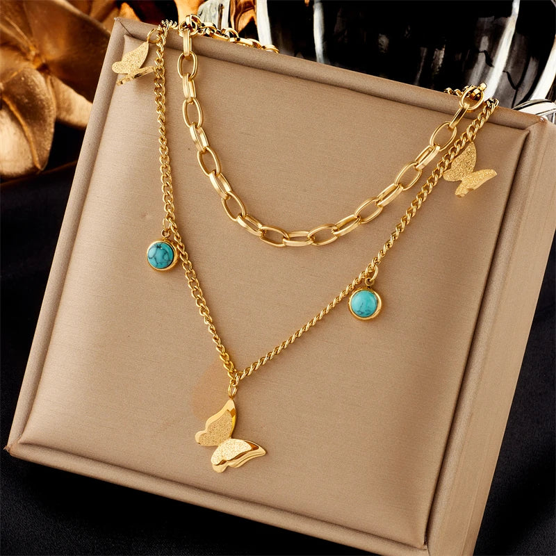 DIEYURO 316L Edelstahl Schmetterling Mond Schloss Blau Augen Anhänger Halskette Für Frauen Neue Multilayer Halsband Kette Schmuck Geschenke