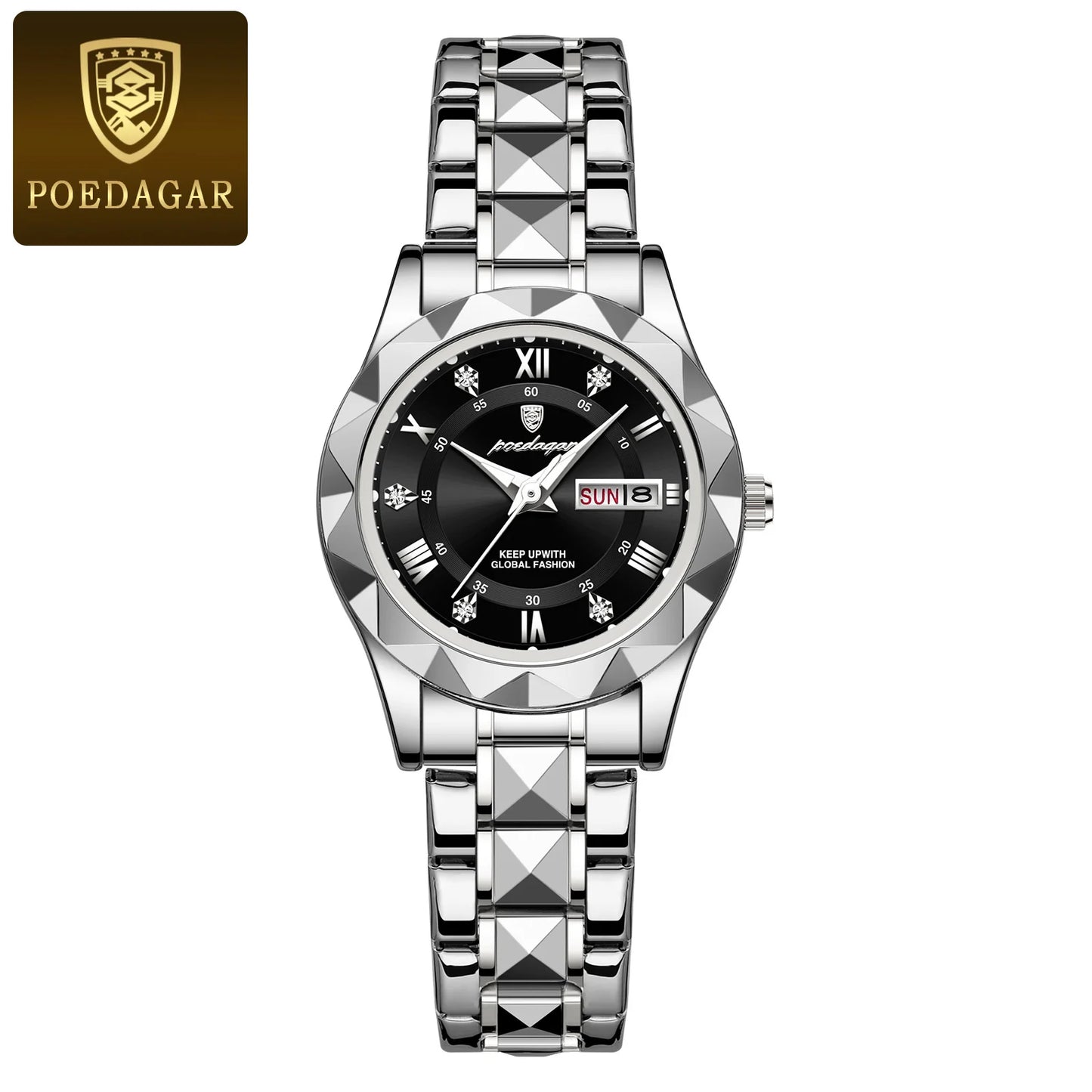 POEDAGAR Luxus Damen Kleid Uhr Leuchtende Wasserdichte Woche Datum Frau Armbanduhr Edelstahl Frauen Quarz Uhren reloj + box
