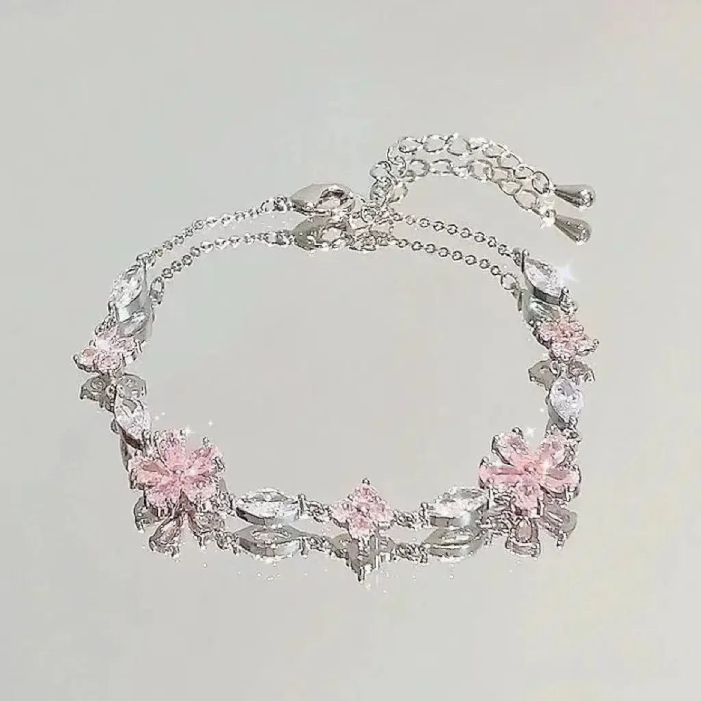 Glänzende rosa Kristall-Kirschblüten-Armbänder für Frauen und Mädchen, süße Mondschleife, Blumen, Zirkon-Armband, Party, ästhetischer E-Girl-Schmuck