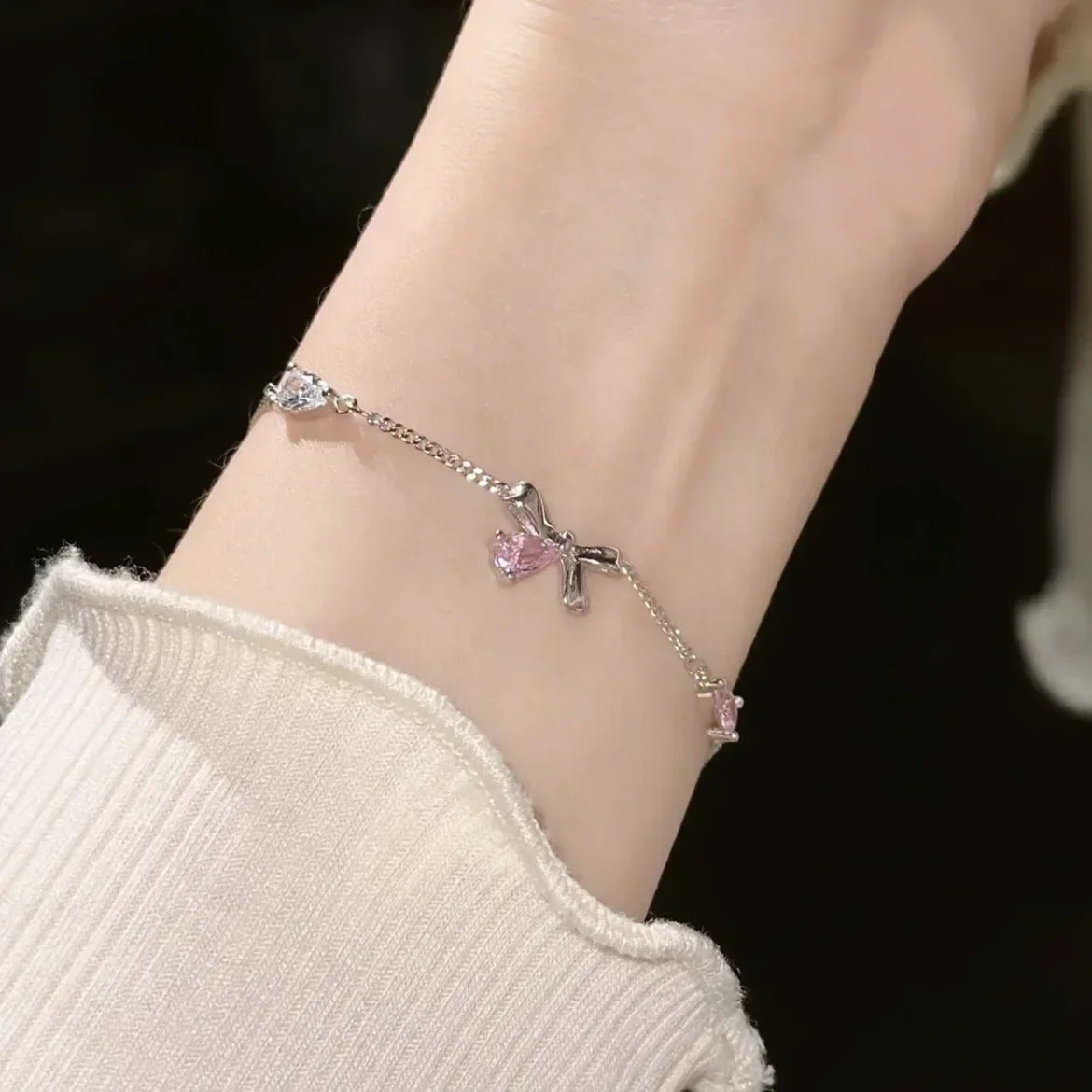 Glänzende rosa Kristall-Kirschblüten-Armbänder für Frauen und Mädchen, süße Mondschleife, Blumen, Zirkon-Armband, Party, ästhetischer E-Girl-Schmuck