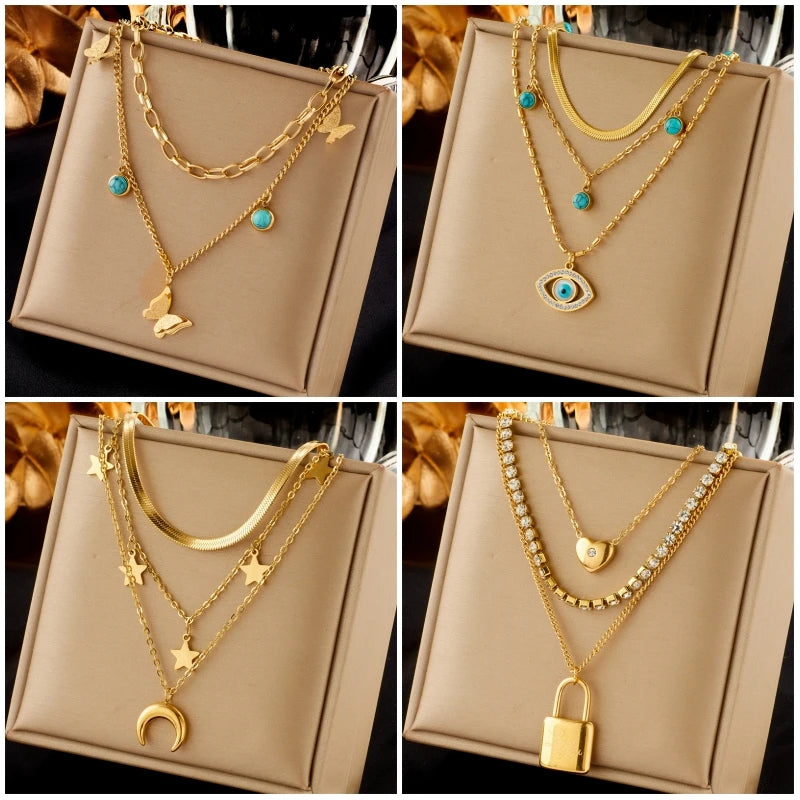 DIEYURO 316L Edelstahl Schmetterling Mond Schloss Blau Augen Anhänger Halskette Für Frauen Neue Multilayer Halsband Kette Schmuck Geschenke