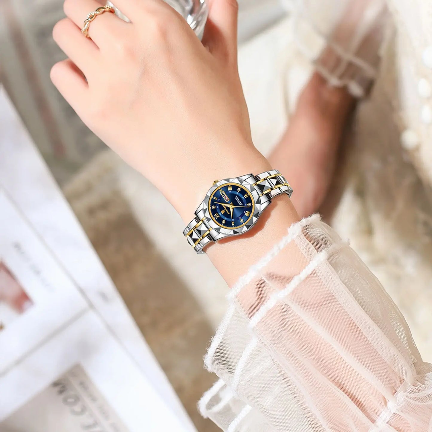 POEDAGAR Luxus Damen Kleid Uhr Leuchtende Wasserdichte Woche Datum Frau Armbanduhr Edelstahl Frauen Quarz Uhren reloj + box