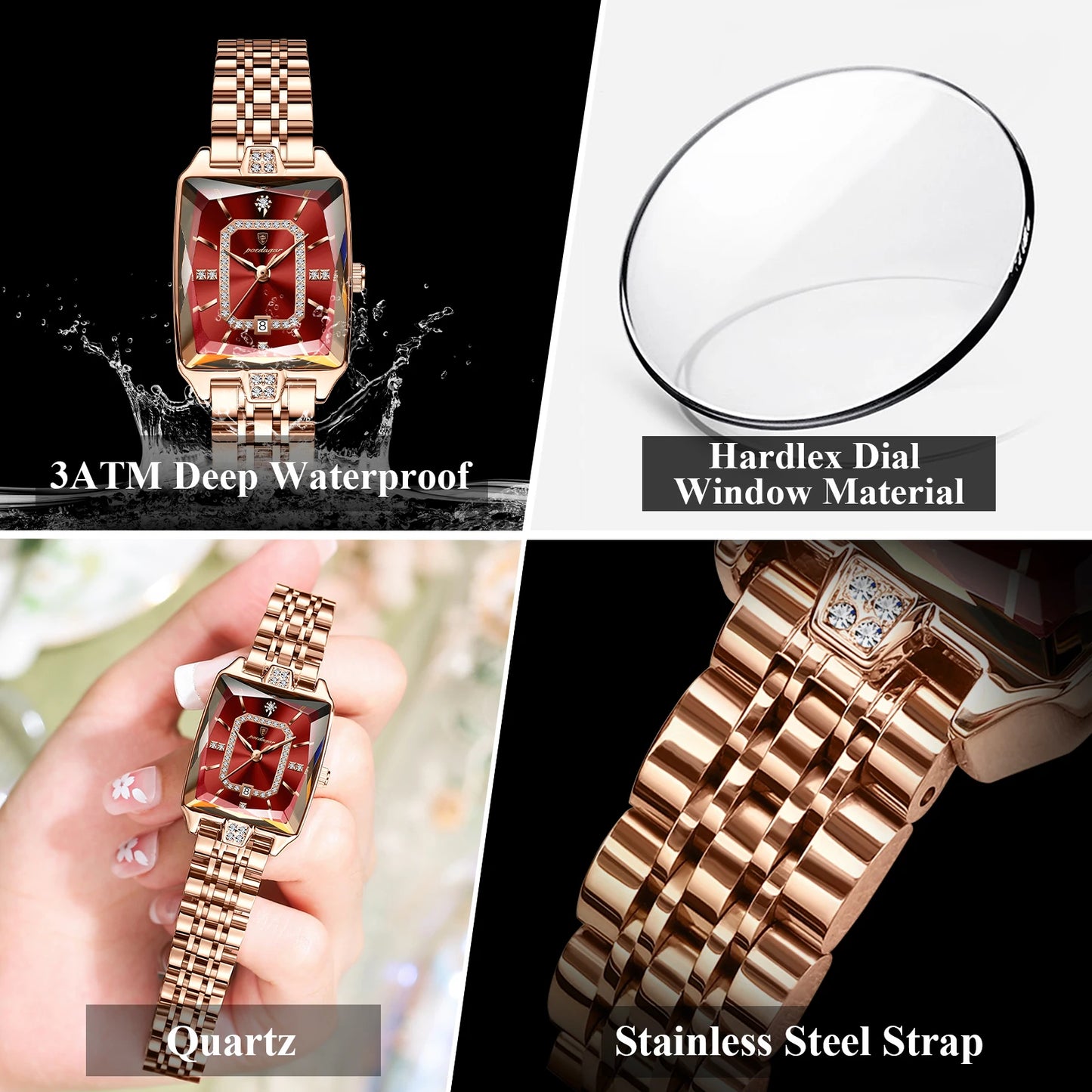 POEDAGAR Top Elegante Damen Armbanduhr Wasserdicht Datum Damenuhr Edelstahl Rechteck Quarz Damenuhren Weiblich Reloj