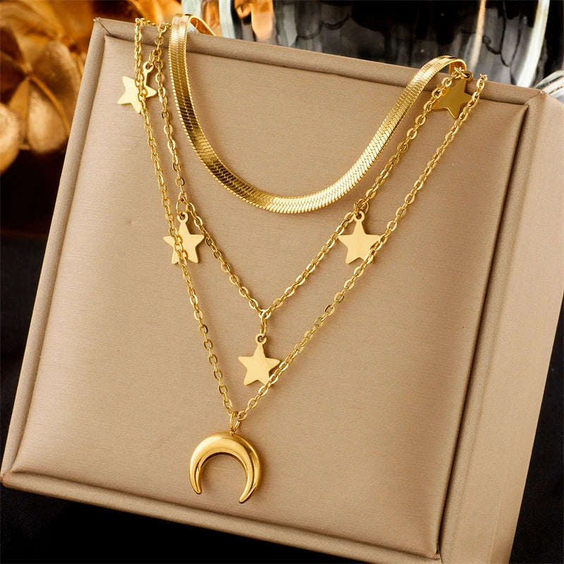 DIEYURO 316L Edelstahl Schmetterling Mond Schloss Blau Augen Anhänger Halskette Für Frauen Neue Multilayer Halsband Kette Schmuck Geschenke